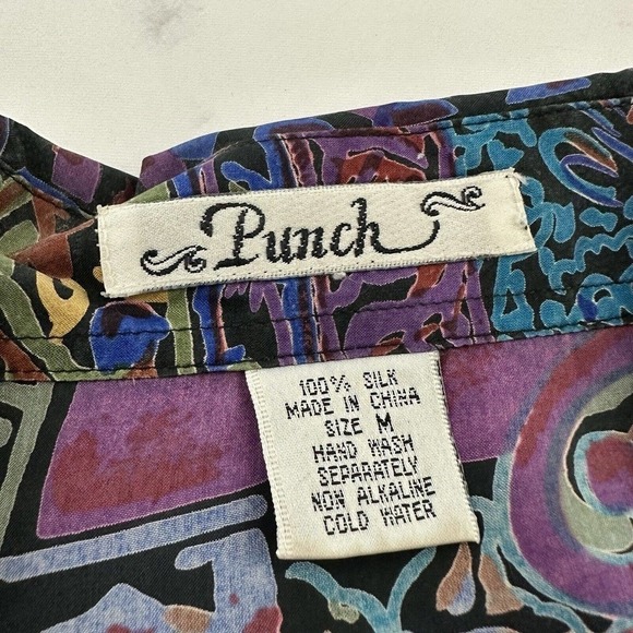 Punch Womens Vintage 90s Silk Oversize Shirt Size M Purple Blue Abstract Floral - Picture 6 of 11